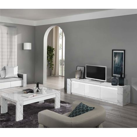 PRAVA - Ensemble Salon Blanc et Effet Marbre Meuble TV avec Leds + Table Basse (1/4)