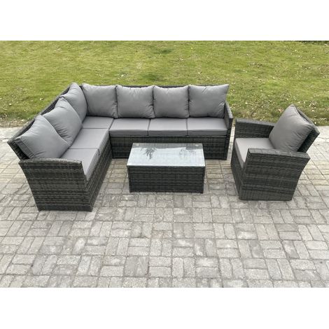 Fimous Rattan Lounge Corner Sofa Set Wicker PE Outdoor Garden Furniture Set with Rectangular Coffee Table Armchair Dark Grey Mixed