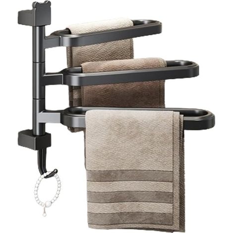 Porte-serviettes pivotant 3 bras en ABS noir, adhésif sans perçage pour salle de bain et cuisine (1/5)