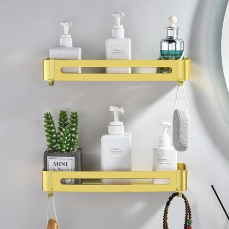 2 étagères dorées brossées sans perçage pour rangement de douche, métal, panier pour shampoing/gel douche (1/5)