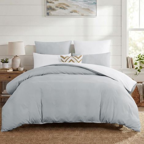 Housse de Couette 220x240 Réversible avec 2 Taies d'oreiller 65x65 cm (Gris Clair/Blanc) - Parure de Lit 240 x 220 Adulte 2 Personne Microfibre, Parure Couette avec Fermetures éclair, Oeko TEX (1/5)