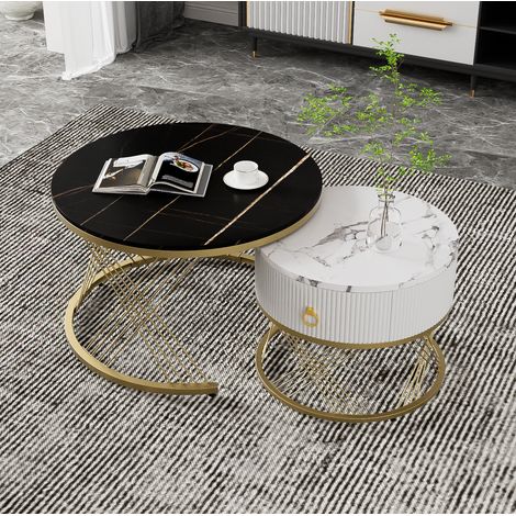 DESMIU Table Basse Gigogne 2 Pièces avec 1 Tiroir, effet marbre, détails métalliques dorés, pour salon, en MDF, noir (1/5)