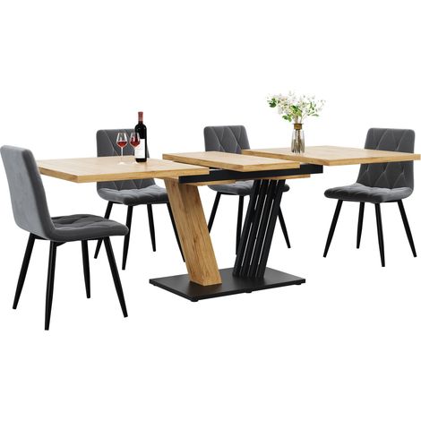 ELVMI Essgruppe mit 1 Ausziehbarem Tisch und 4 Stühlen, für 4 bis 6 Personen, MDF, Metall und Samt, Grau Holzoptik (1/5)