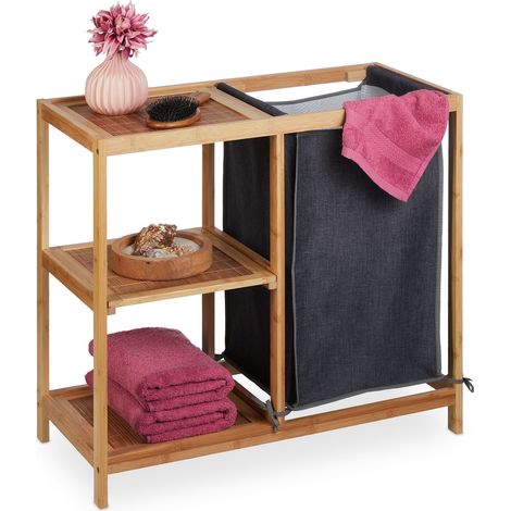 Relaxdays Bamboo Laundry Basket Shelf, 3 Levels, Removable Fabric Bag, HxWxD: 65x68x33 cm, Bathroom Bin, Natural/Grey