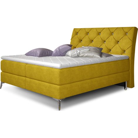 Lit design continental avec tête de lit capitonnée strass tissu jaune olive Banky-180x200 (1/5)