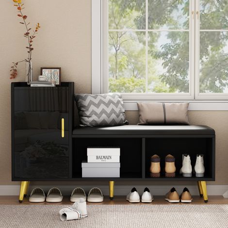 MEUBLIV Meuble à chaussures noir brillant avec banc rembourré et rangement 120 cm (1/5)