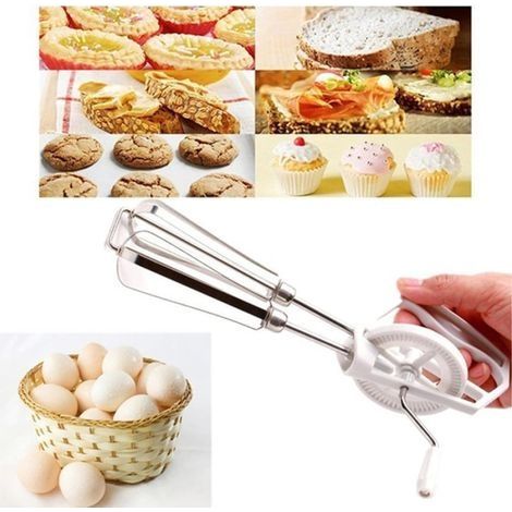 Handbetriebener, rotierender Schneebesen, Doppelstab-Eierquirl, rostfreier Mixer, lebensmittelechtes Gerät, weiß (1/3)