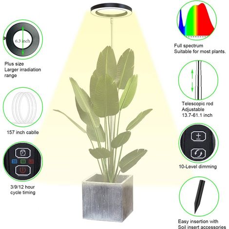 Lampe de croissance pour plantes, lampadaire à spectre complet, lumière du soleil, grand remplissage en pot, 3/9/12 heures, synchronisation, 10 niveaux de gradation (1/5)