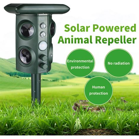 Ahuyentador ultrasónico solar para animales con 4 campanillas LED, detector de movimiento PIR, detección ultrasónica para gatos, ratas, serpientes y coyotes, apto para granjas y parques, 43 cm, verde. (1/4)