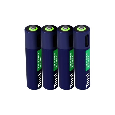 Trust AAA USB-C Rechargeable Batteries 4 Pieces, port USB-C intégré, pas de chargeur nécessaire de Batterie, capacité 500 mAh, chargement avec Cable USB inclus/chargeur de Téléphone, paquet de 4 (1/3)