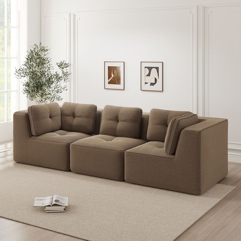 Divano angolare modulare in corduroy marrone, seduta profonda 74 cm