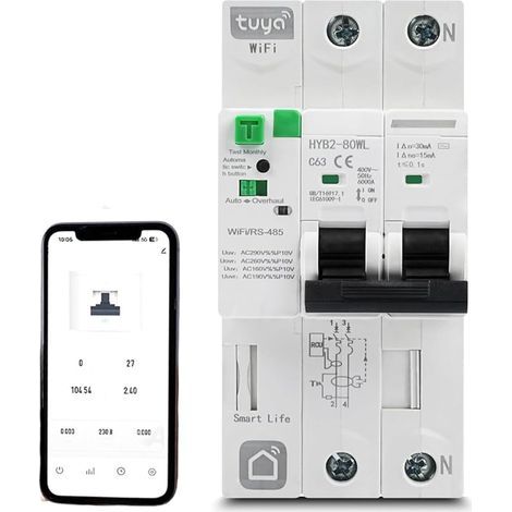 Disjoncteur WiFi intelligent, Disjoncteur Différentiel 63A 30ma 2P Interrupteur Différentiel avec Protection Contre les Surtensions et les Sous-tensions, Contrôlé par l'app Tuya/Smart life (1/5)