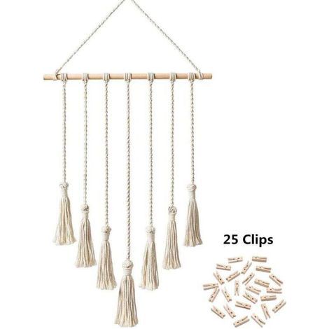 Makramee-Fotowandhalterung, Wand-Fotoorganizer, Boho-Deko mit 25 Holzclips, Beige (1/4)