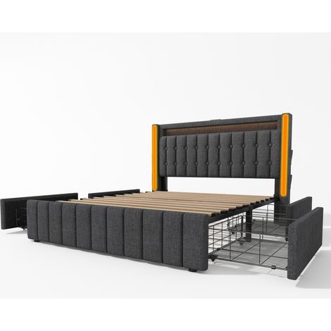 Cama canapé tapizada 140x200 cm gris lino con USB-C, LED y 4 cajones HOMVRA (1/5)