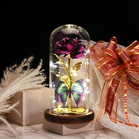 Ewig leuchtende Rose unter einer violetten Kuppel, Geschenk zum Geburtstag, zu Weihnachten oder zum Muttertag, LED-Dekoration, liebevolle Geste, elegantes Geschenk. (1/5)