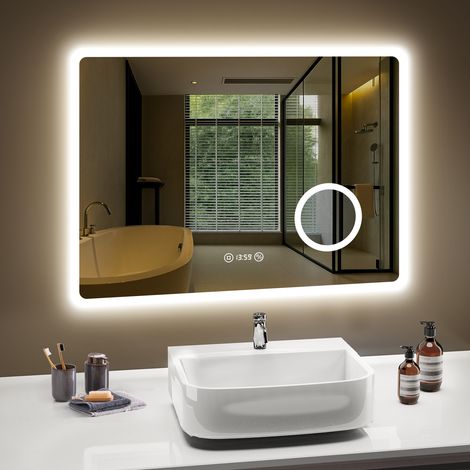 Spiegel mit Beleuchtung Asymmetrischer, LED Badspiegel mit Touch-Schalter, 3 Lichtfarbe, Dimmbar, Beschlagfrei Badezimmerspiegel mit Beleuchtung 90x60cm (1/5)