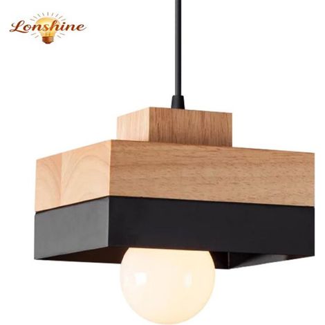 LONSHINE Moderne quadratische Pendelleuchte mit Holz- und schwarzem Metallschirm, E27-Glühbirne, Kronleuchter für Schlafzimmer oder Wohnzimmer (1/5)