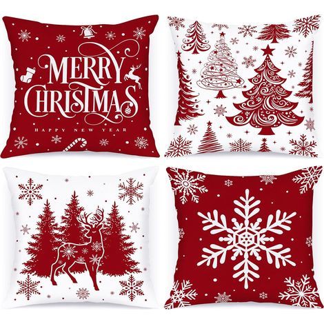 Set of 4 Christmas Cushion Covers, Red Pillowcase 45 x 45cm, Decorative Christmas Tree Pillowcase, Christmas Winter Decor for Living Room, Bedroom, Sofa, Home Decor (1/5)