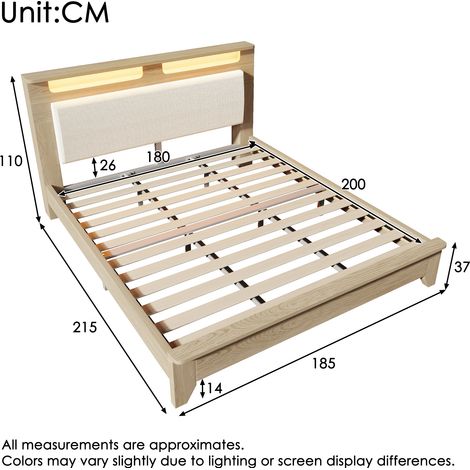 Lit double en chêne clair 180x200cm, sommier à lattes bois, tête de lit velours côtelé beige avec rangement et éclairage LED, dossier rembourré, sans matelas ni banc