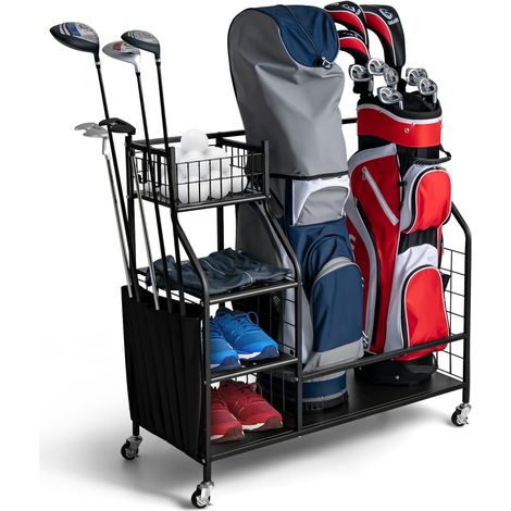 COSTWAY Estante de Almacenamiento para Bolsa de Golf en Garaje, Organizador Doble de Bolsa de Golf con Ruedas universales bloqueables, Organizador de Almacenamiento Adicional para Palos (1/5)