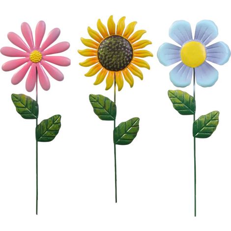 Conjunto de 3 adornos de jardín con forma de girasol, coloridas esculturas de metal para uso exterior. (1/5)