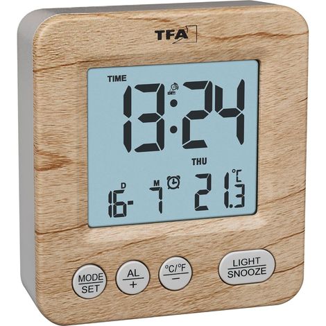 Réveil Radio-piloté numérique Aspect Bois, 60.2567, Horloge Radio-pilotée, réveil de Voyage, Jour de la Semaine et Date, Alarme, fuseaux horaires, Fonctionnement sur Piles, Bois, Marron (1/5)