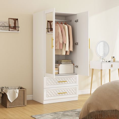 Armoire chambre penderie avec miroir, 2 tiroirs, 2 portes et barre de suspension, 80 x 50 x 180 cm, blanc (1/5)