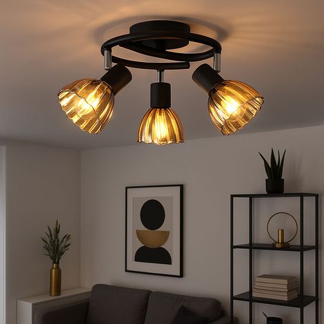 Lampada da soffitto Plafoniera Lampada da soggiorno Spotrondell Sala da pranzo, 3 fiamme, metallo vetro nero color oro, 3x prese E14, DxH 45x21cm