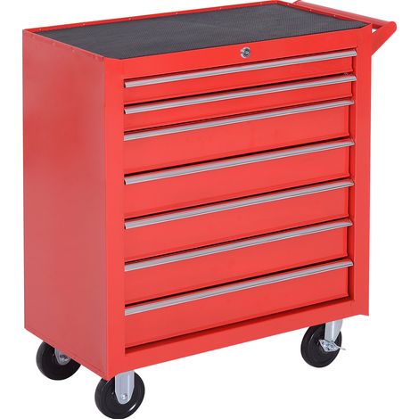 Carro de taller con ruedas y 7 cajones de acero rojo, con cerradura y freno, 150 kg (1/5)