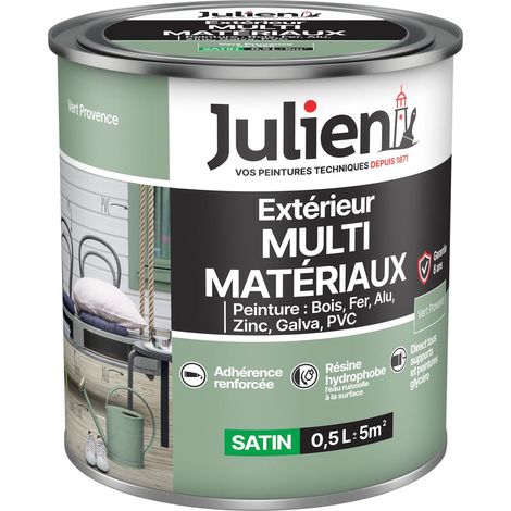 Julien Peinture Multi-Matériaux Satin en phase Aqueuse - Bois, Fer, Alu, PVC, Zinc, Acier galvanisé, brut ou peint - Vert Provence 0,5 L