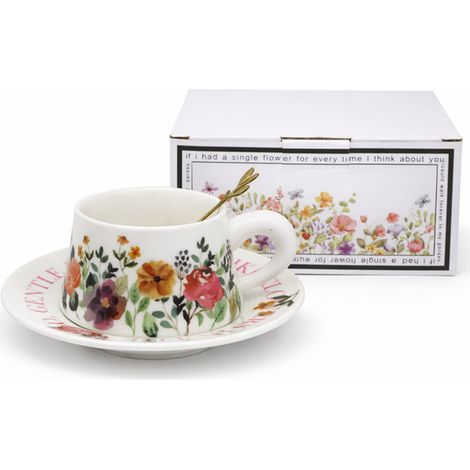 Taza Jumbo de 300 ml con platillo Flores + cuchara dorada de regalo (1/4)