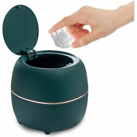 Mini round office bin with lid, plastic, for home, kitchen, bathroom, office (green) (1/4)
