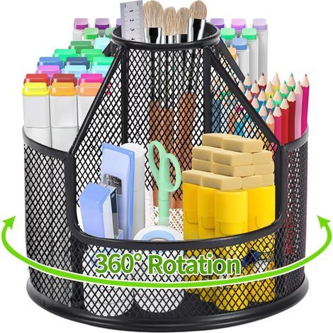 Porte-crayons Boîte de bureau rotative Stylo en métal Accessoires de bureau adaptés au bureau, à l'école, à la maison, aux fournitures artistiques (noir) (1/5)