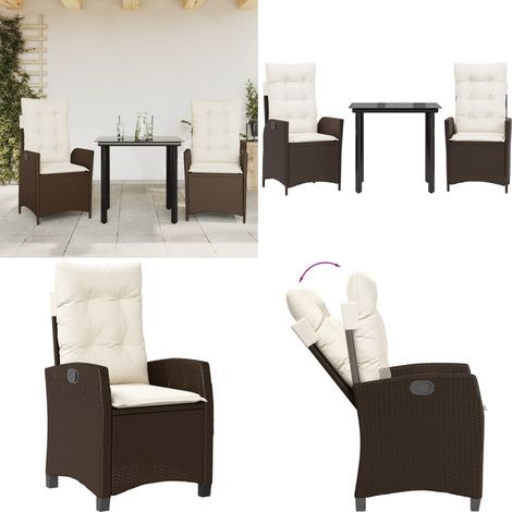 3-tlg. Garten-Essgruppe mit Kissen Braun Poly Rattan - Gartenstuhl - Gartentisch (1/5)