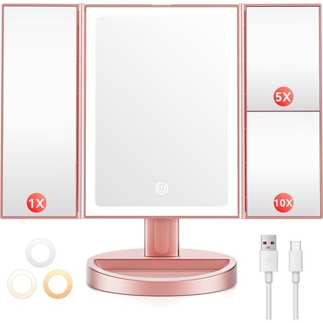 Miroir Maquillage Lumineux avec Grossissement 10x /5X /1x, Or Rose Batterie 2000 mAh, rotatif à 180 °, 68 lumières LED, 3 couleurs réglables, miroir de table avec rangement des cosmétiques (1/5)