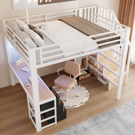 Cama Alta 140×200 cm, Cama Doble con Escritorio, 4 Cajones, Estante, Rejilla Organizadora y LED, sin Colchón, Blanco (1/5)