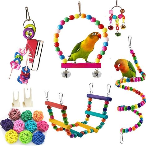 Ensemble de 17 jouets pour oiseaux — Jouets pour calopsittes et inséparables — Accessoires pour petites cages à oiseaux (1/5)