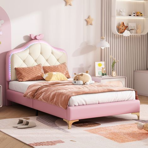 Letto imbottito, letto singolo, forma d'onda con punto di trazione all'estremità del letto, anello rosa, con nastri multicolori a LED variabili, lettino per bambini con lettini in legno, letto singolo (1/5)
