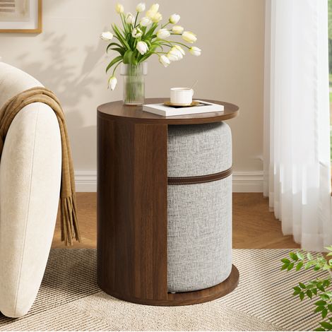 Table d’appoint ronde avec pouf intégré, MDF et pin, coloris noyer, 38 x 47,5 cm (1/5)