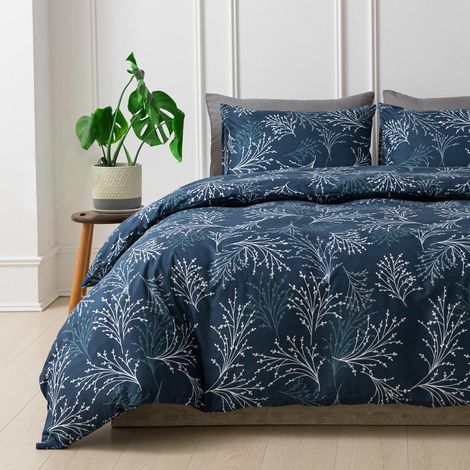 Bettwäsche-Set Super King 260x220 cm, 3-teilig, Mikrofaser, Blau Blumenmuster