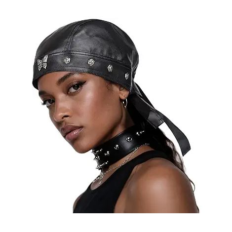 Casquette de crâne de biker en cuir pour femmes Moto régulable Cyclisme Bandana noir Tête Wrap Doo Rag