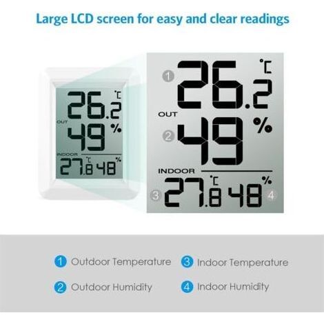 Thermomètre Intérieur et Extérieur, Thermomètre Connecté avec Capteur Extérieure sans Fil, Thermomètre Hygrometre Numérique avec Grand Ecran LCD, Commutateur ℃/℉, pour Bureau, Maison, (1/4)