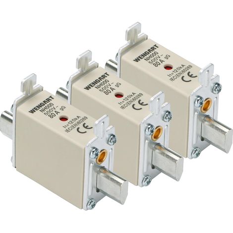 Fusible de type couteau NH000,3 pièces,classe gG AC500V 80A, 120 kA pour la protection générale dans les systèmes de distribution basse tension et les applications industrielles (1/5)