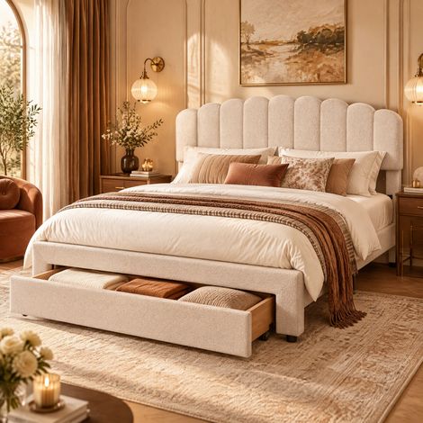 Lit double 160x200 cm avec sommier, lit 160x200 rembourré avec tiroir, tête de lit réglable en hauteur avec 2 ports USB + 1 port Type-c, velours teddy beige