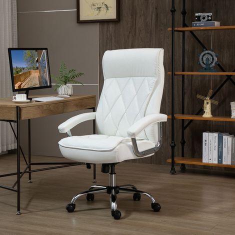 Chaise de bureau en similicuir blanc avec têtière, accoudoirs, fonction bascule et vérin à gaz, 66x69x121 cm (1/5)