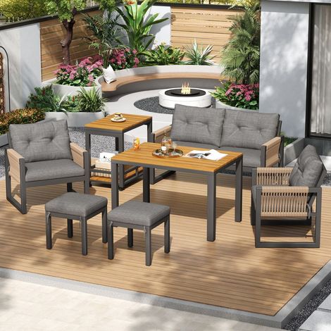 Salon jardin modulable métal corde tressée coussins accoudoirs terrasse (1/5)