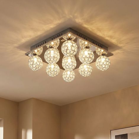 Deckenleuchte Kugeln Kristallleuchte Decke chrom Deckenlampe Kristalle Modern, Metall, 9-Flammig G9 Fassungen, LxBxH 37x37x14 cm
