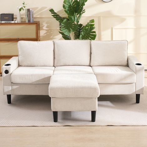 Canapé d'angle convertible, canapé 3 pl forme L ports USB Type-C double porte-gobelet fonction couchage salon lounge, beige (1/5)