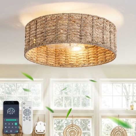 Plafón ventilador 50x50x20 cm de ratán natural, doble control, para espacios pequeños - MEUBLIV (1/5)