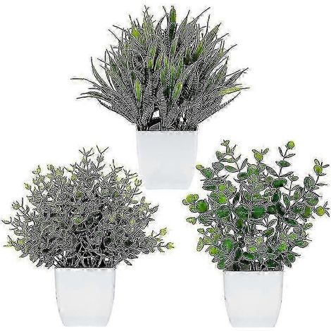 Lot de 3 eucalyptus artificiels en pot, mini fausses plantes pour décoration intérieure, petits pots en plastique (1/5)